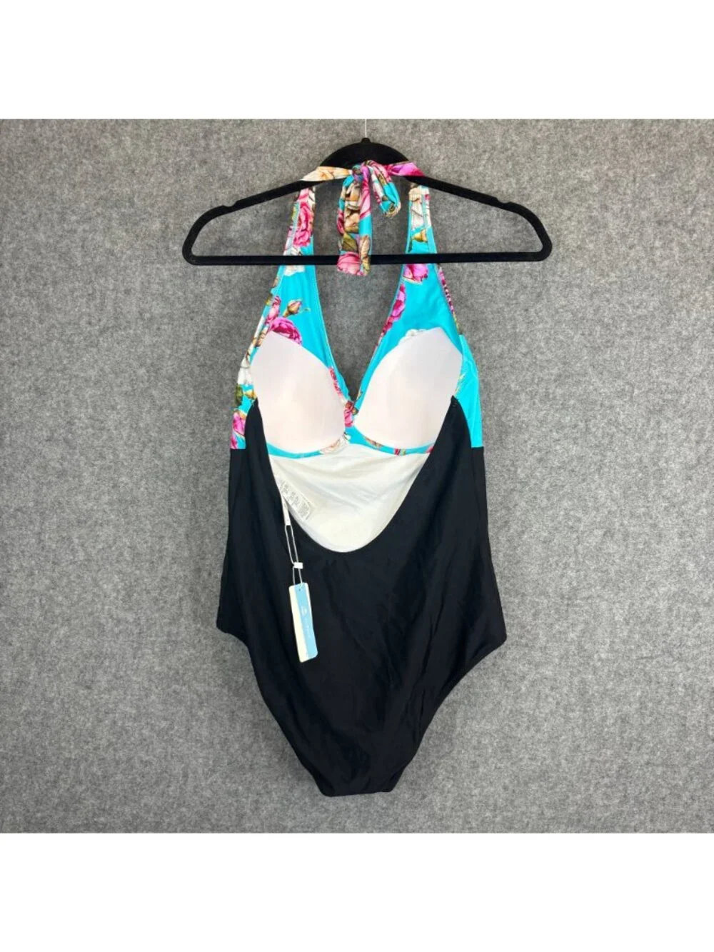 Cupshe Floral Halter Womens XL One-Piece Swimsuit Black & Blue w Rose Print NEW